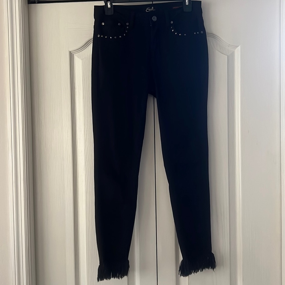 Earl Jeans with fringe and embroidered floral design on back leg. - Picture 2 of 10